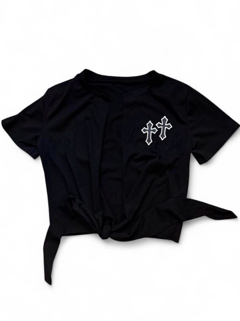 Black Double Cross Front Tie Knot Crop Top